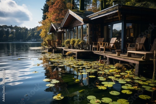 House by lake with lily pads, surrounded by natural landscape