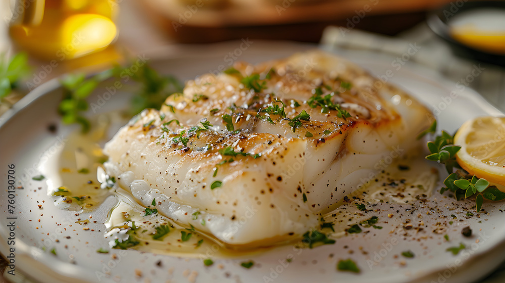 Grilled cod fish with lemon and herbs on plate Grilled cod fish with lemon and herbs on plate
