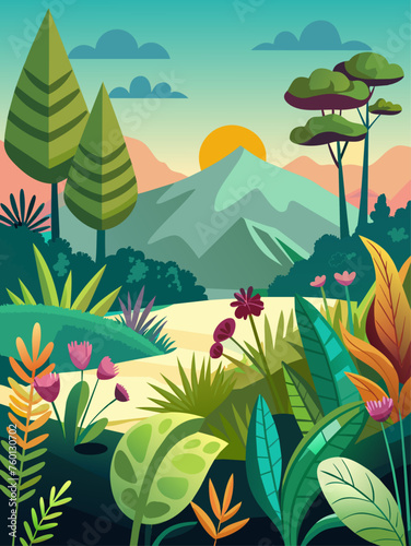 Vector illustration of a lush green landscape with mountains, trees, and a flowing river.