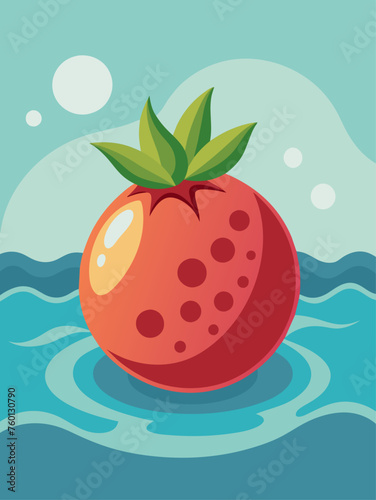 A pomegranate fruit floats in a pool of water, its vibrant red seeds spilling out to create a stunning visual.