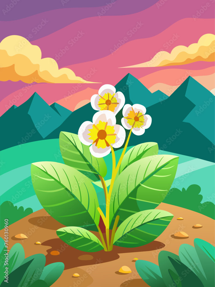 Primrose flowers bloom amidst a vibrant green landscape, creating a serene and picturesque scene.