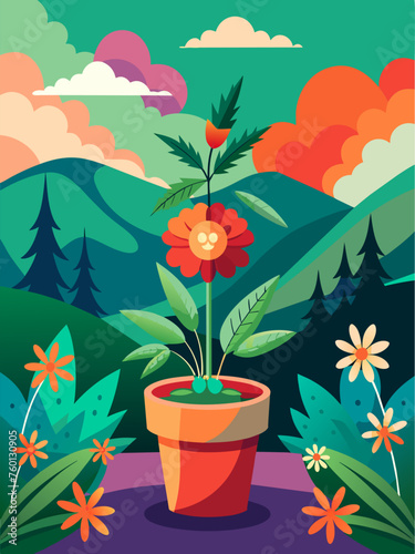 A serene landscape background featuring a blooming pot of flowers in vibrant hues, creating a tranquil and inviting atmosphere.