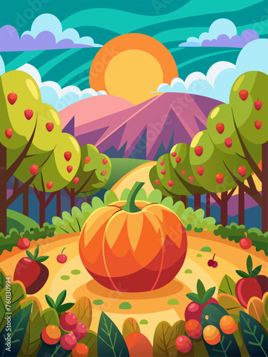 Pumpkins rest in a field under a clear autumn sky.