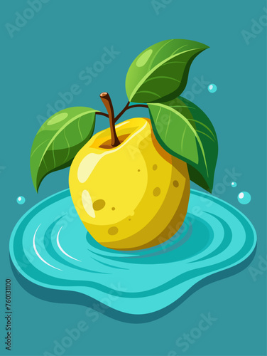 A quince fruit floats in water, its smooth skin and golden hues creating a serene and picturesque image.