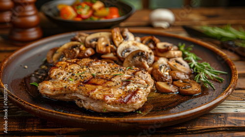 Grilled pork steak with mushrooms on rustic table