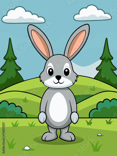 A rabbit hops through a lush green field, surrounded by wildflowers and trees.