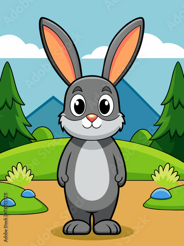 A rabbit hops along a verdant meadow under a clear blue sky.