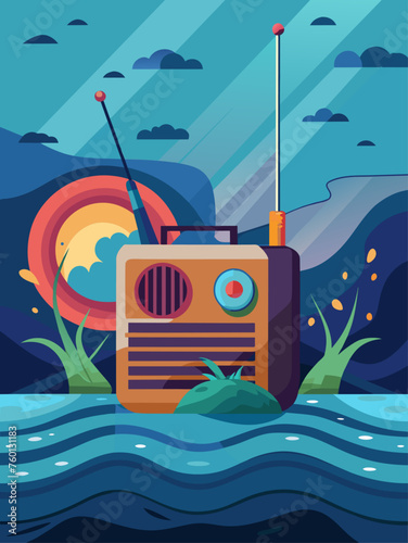 Radio broadcasting waves in a watery background.