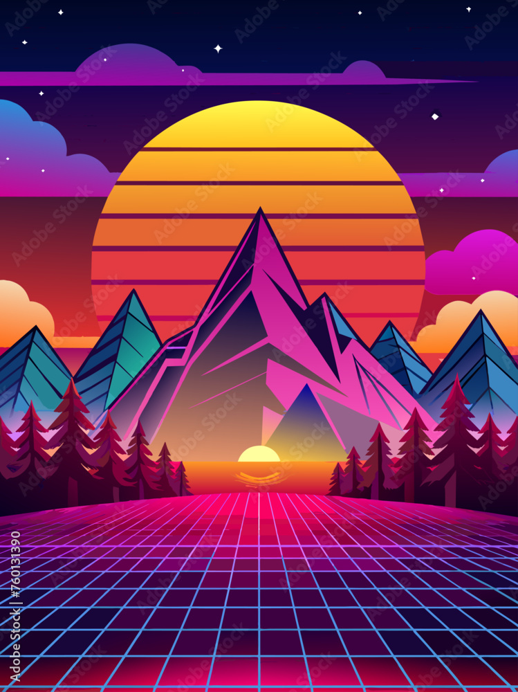 A retro-styled vector image shows a vast landscape with mountains, trees, and a river.
