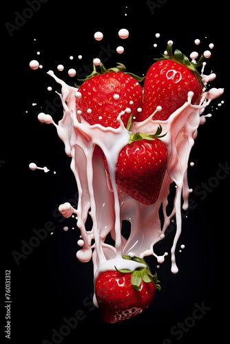 Milk pouring in half of strawberries over , one color background - generative ai