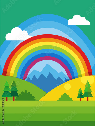 A colorful rainbow arches over a serene landscape with lush green hills and a sparkling river.