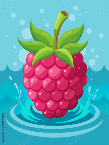 Raspberry fruits float in water against a light blue background.