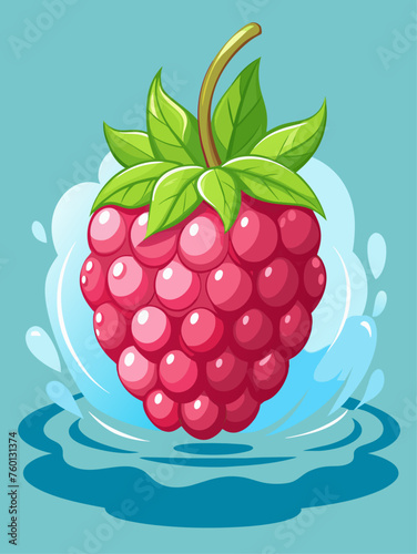 Raspberry fruits float in water against a light blue background.