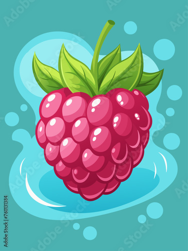 Raspberry fruits float in water against a light blue background.