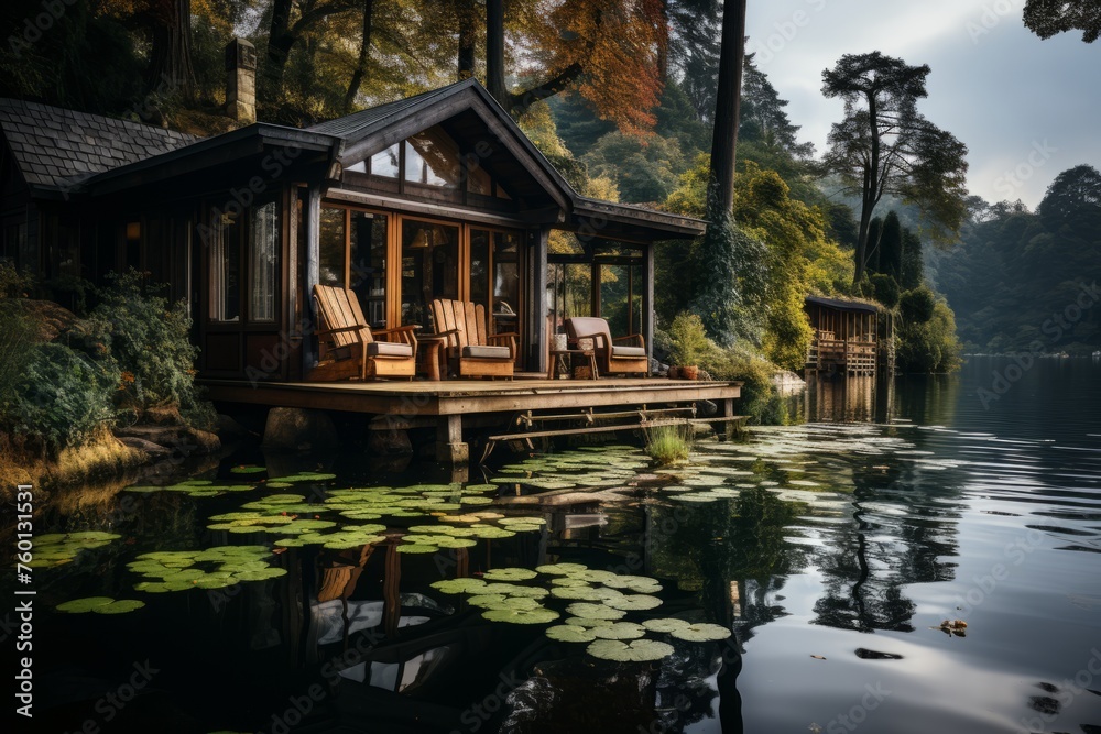 Small house on dock by lake with trees, water, natural landscape