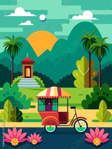 A rickshaw carrying a passenger passes by colorful houses and shops in a vibrant cityscape.