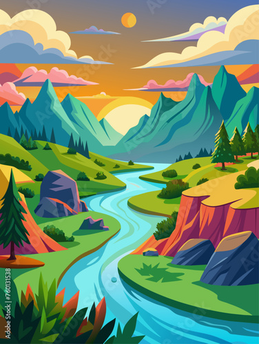 Rivers gracefully meander through a tranquil vector landscape against a vibrant  serene backdrop.