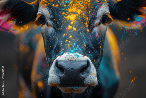 A cows face covered in vibrant colored paint, celebrating the Holi Festival of Colors