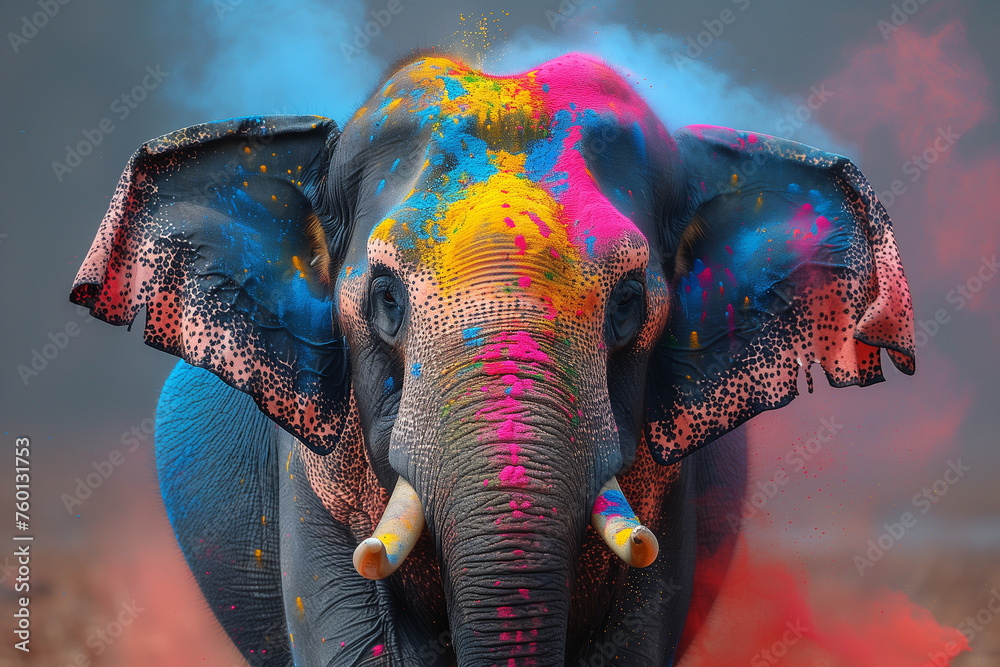An elephant in India with vibrant paint on its face, part of the Holi Festival of Colors - obrazy, fototapety, plakaty 