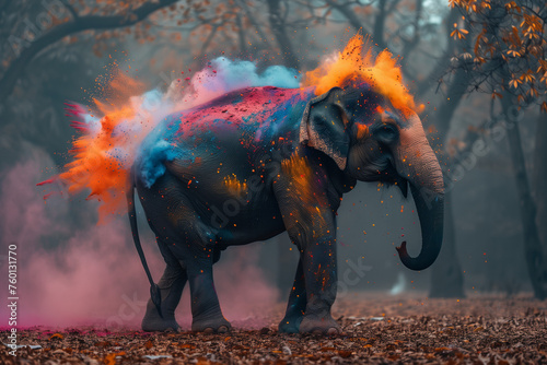 Elephant participating in Holi Festival, powder explosion on its back