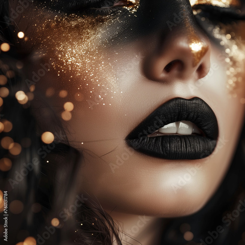 portrait of a woman with makeup, black and gold, make up, fashion, dark lipstick