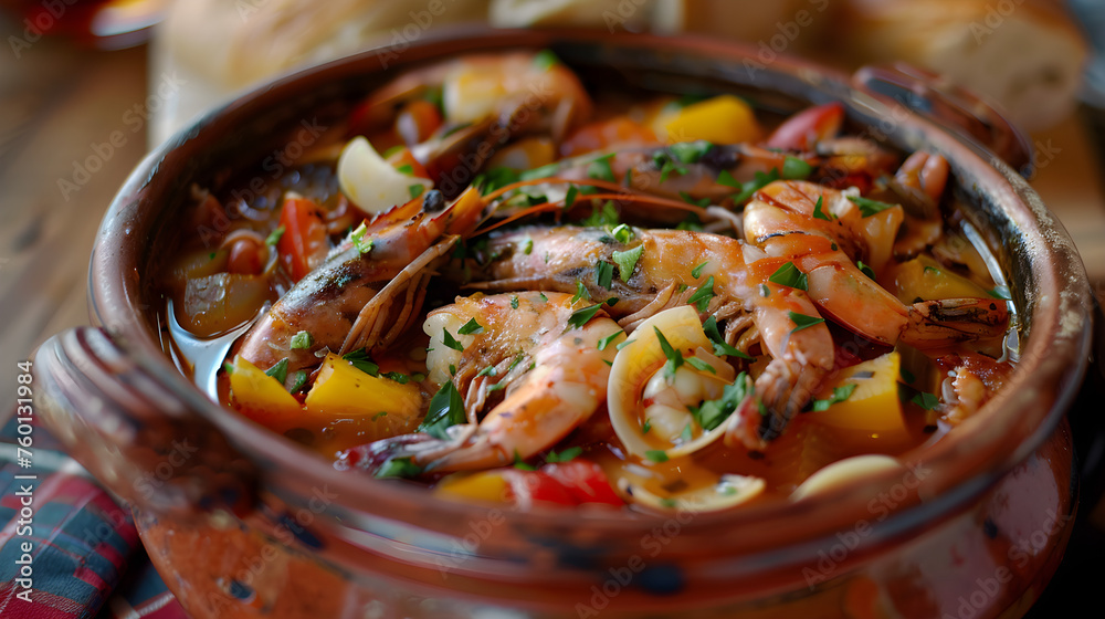 Traditional seafood stew in clay pot Traditional seafood stew in clay pot