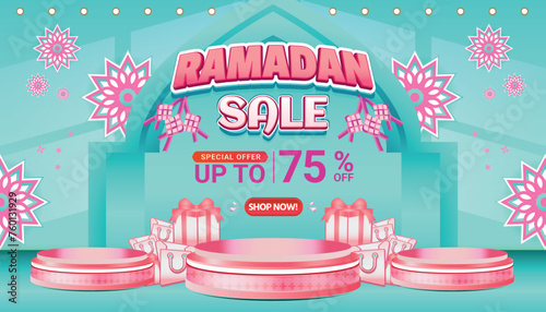 Banner Ramadan mubarak sale pink tosca social media background template