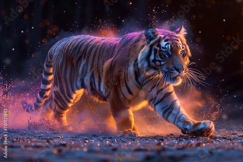 Full-length Bengal tiger side view running in a dirt field under the night sky at the Holi Festival of Colors in India