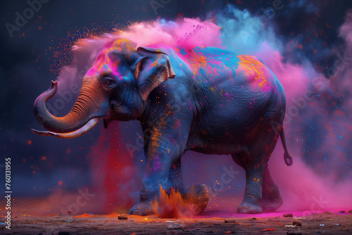 Full-length elephant covered in colored powder on a dark background for Holi Festival celebration in India