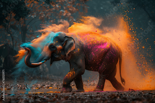 Full-length view of an elephant with vibrant colored powder on its back during the Holi Festival in India