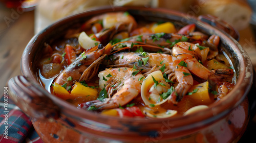 Traditional seafood stew in clay pot
