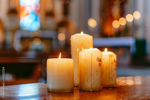 Candles in church with altar in background. Beautiful catholic or Lutheran cathedral with many lit candles as prayer or memory symbol. Beautiful lights in Christian basilica and crucifix in background