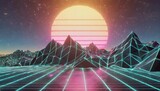 80s retro futuristic sci fi background retrowave vj videogame landscape with neon lights and low poly terrain grid stylized vintage cyberpunk vaporwave 3d render with mountains sun and stars 4k