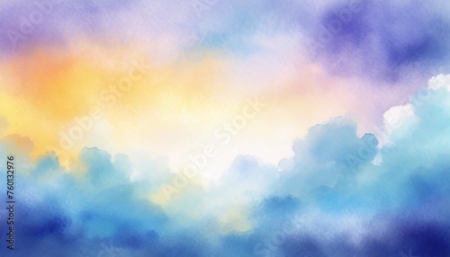 colorful watercolor background of abstract sunset sky with puffy clouds in bright rainbow colors of blue purple yellow and soft white center blur