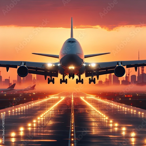 A middle airliner preparing to take off with its landing gear down at dusk or morning from an airport runway. photo