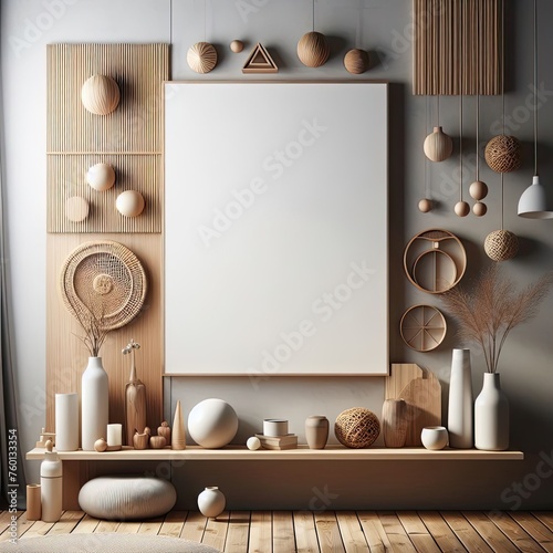 Wooden floating shelf with a wooden floor and a white wall. contemporary decor