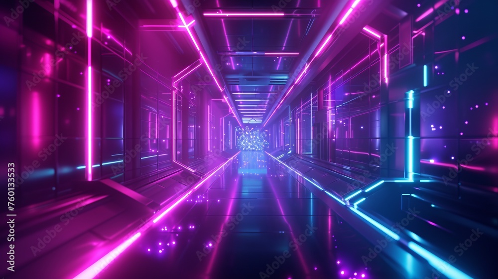 A captivating cyberpunk-inspired corridor with bright blue neon lights, creating a sense of depth and digital ambiance A captivating cyberpunk-inspired corridor with bright blue neon lights, creating a sense of depth and digital ambiance