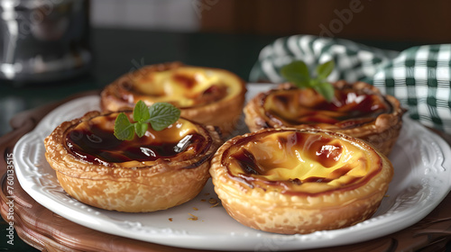 Delicious pasteis de nata on plate close-up