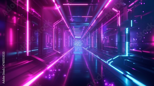 A captivating cyberpunk-inspired corridor with bright blue neon lights, creating a sense of depth and digital ambiance