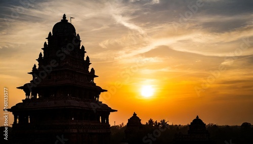 indian temple silhouette at striking sunset sky empty space for text