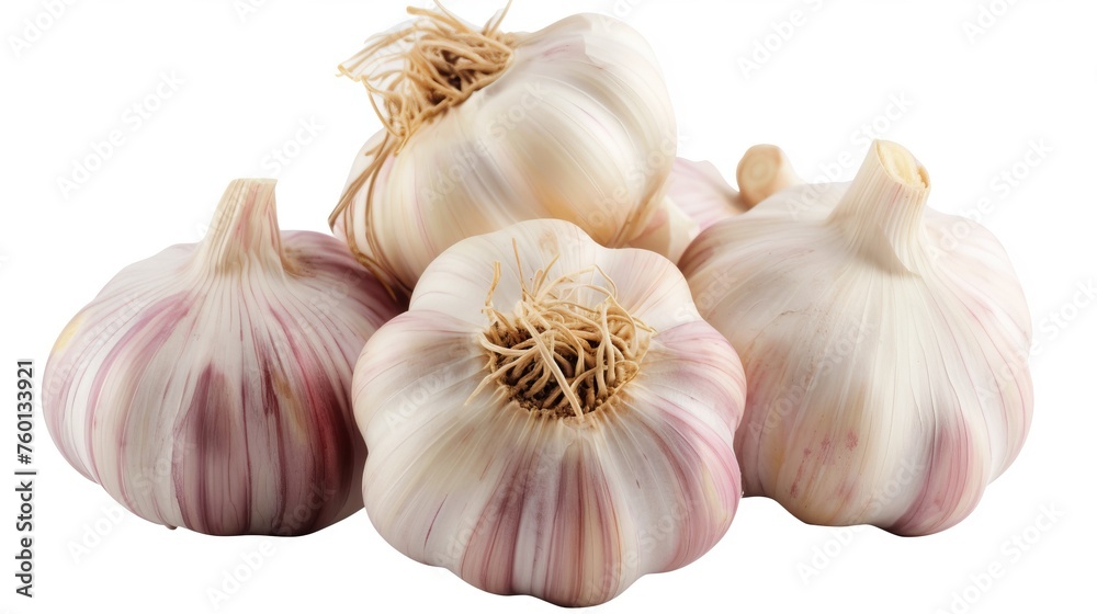 Obraz premium A close-up image showcasing several whole garlic bulbs with visible roots on a clean white background