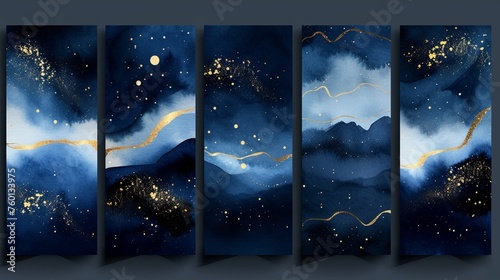 A panoramic collection of abstract paintings inspired by the enchanting visuals of galaxies in the night sky with gold details