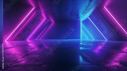 The image shows an underground concrete bunker lit with contrasting neon lights, creating an immersive futuristic environment