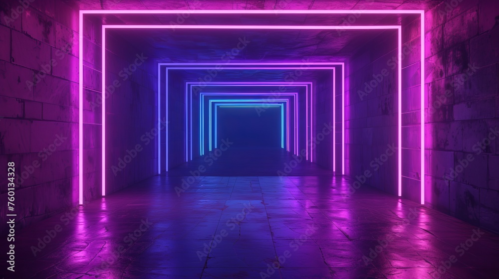 This inviting neon tunnel leads the eye through a brick-lined room lit by a gradient of pink and blue hues This inviting neon tunnel leads the eye through a brick-lined room lit by a gradient of pink and blue hues