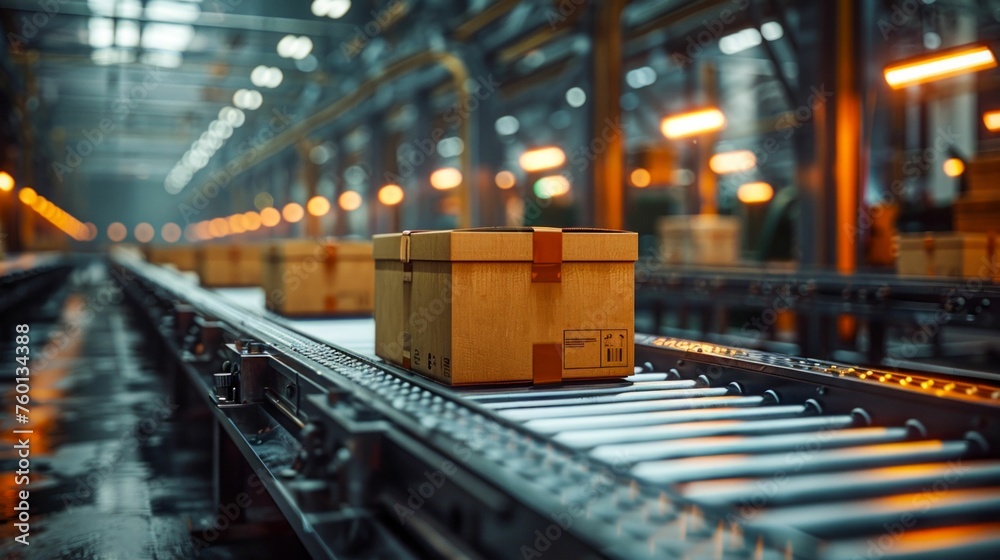 Cardboard Boxes on Conveyor Belt in Distribution Warehouse. Generative ai