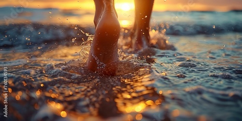 Walking Barefoot on the Beach at Sunset. Generative ai © Scrudje