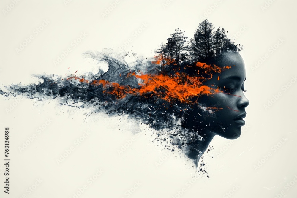 Nature Fusion Portrait: Serene Silhouette Amidst Fiery Chaos. Generative ai
