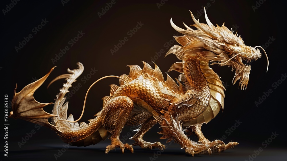 A stunning 3D illustration of a fearsome golden dragon set against a dramatic dark backdrop, showcasing intricate detailing and a powerful stance