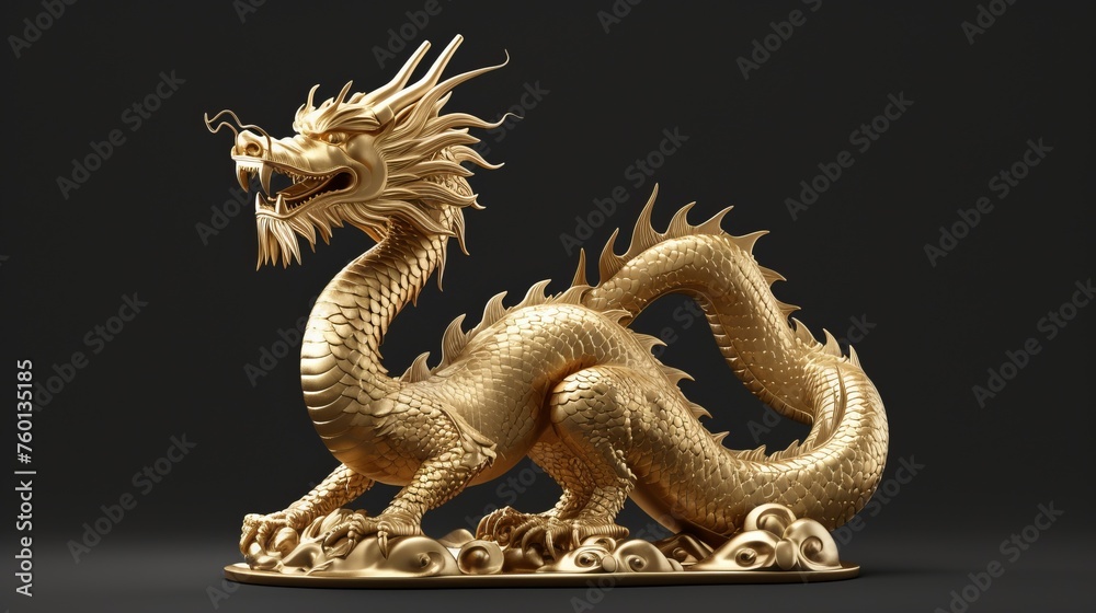 Obraz premium This intense 3D golden dragon sculpture appears full of life against a stark black background