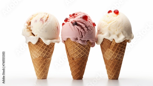 Close-up of three distinct ice cream flavors in cones isolated against a clean white background
